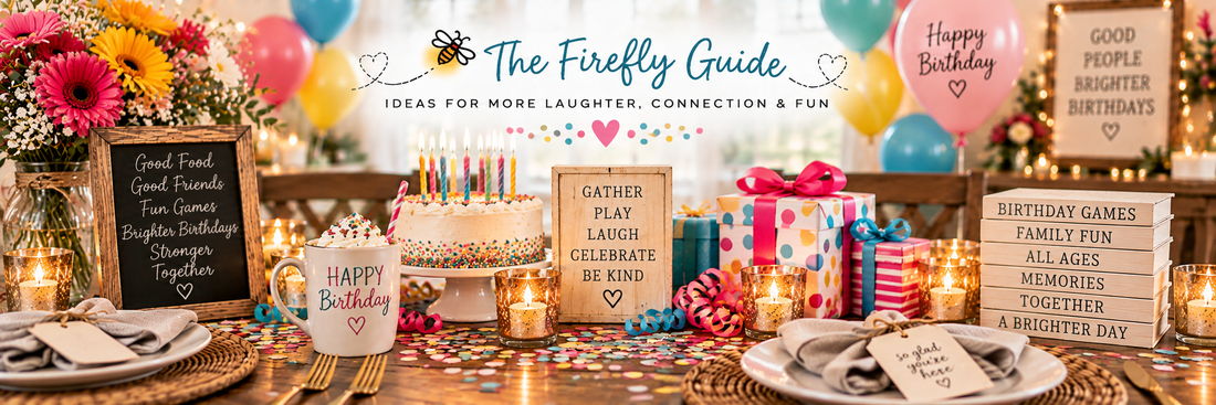 Birthday table featuring Birthday party games for families, kids and adults from Firefly Parade