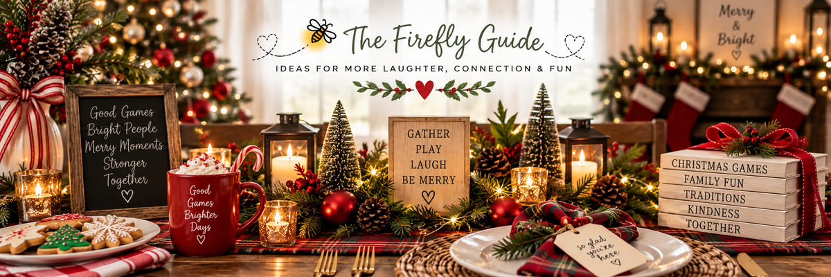 Christmas table featuring Christmas games for families, kids and adults from Firefly Parade