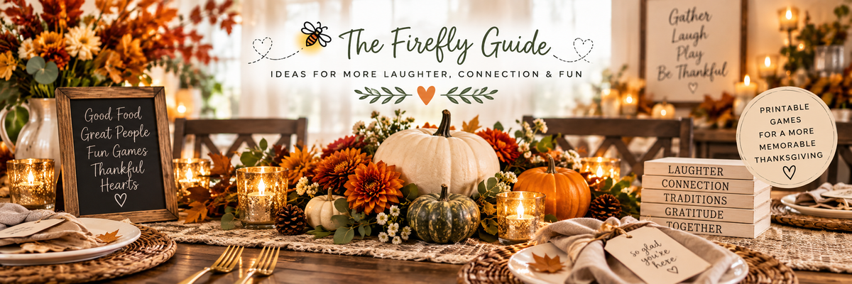 Thanksgiving table featuring Thanksgiving games for families, kids and adults from Firefly Parade