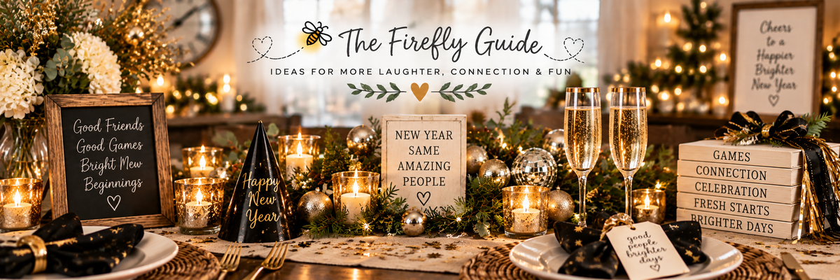 New Year's table featuring New Year's games for families, kids and adults from Firefly Parade