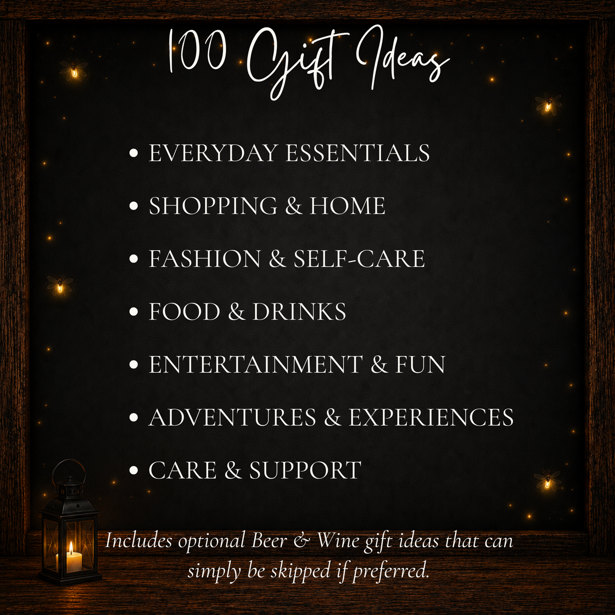 100 printable birthday gift card ideas organized into everyday essentials, shopping, self-care, food, entertainment, experiences and care