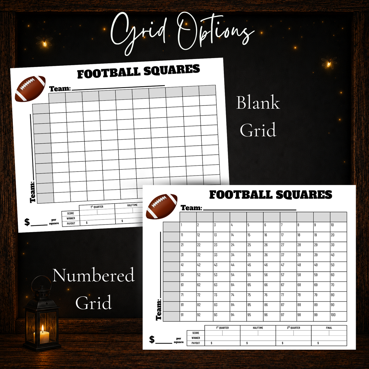 Blank and numbered 100 square football pool printable grid options for game day