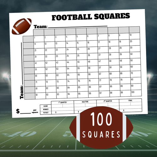 100 square football pool printable game sheet with numbered football squares and score and payout tracker