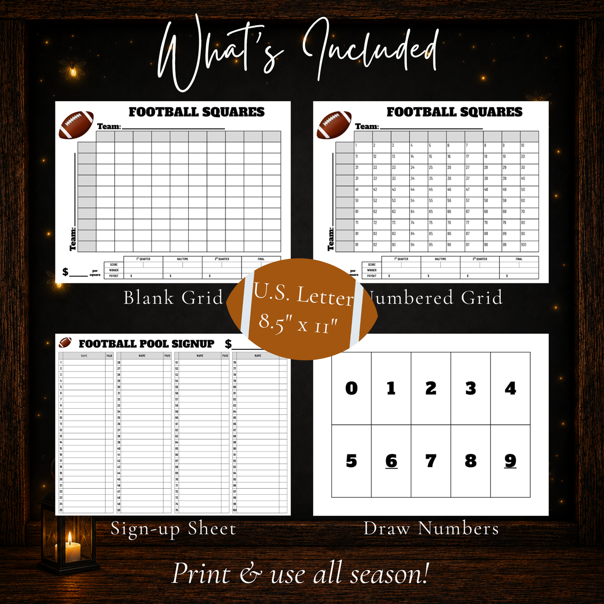 100 square football pool printable set with blank grid, numbered grid, sign-up sheet, and draw numbers