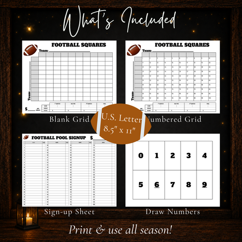 100 square football pool printable set with blank grid, numbered grid, sign-up sheet, and draw numbers