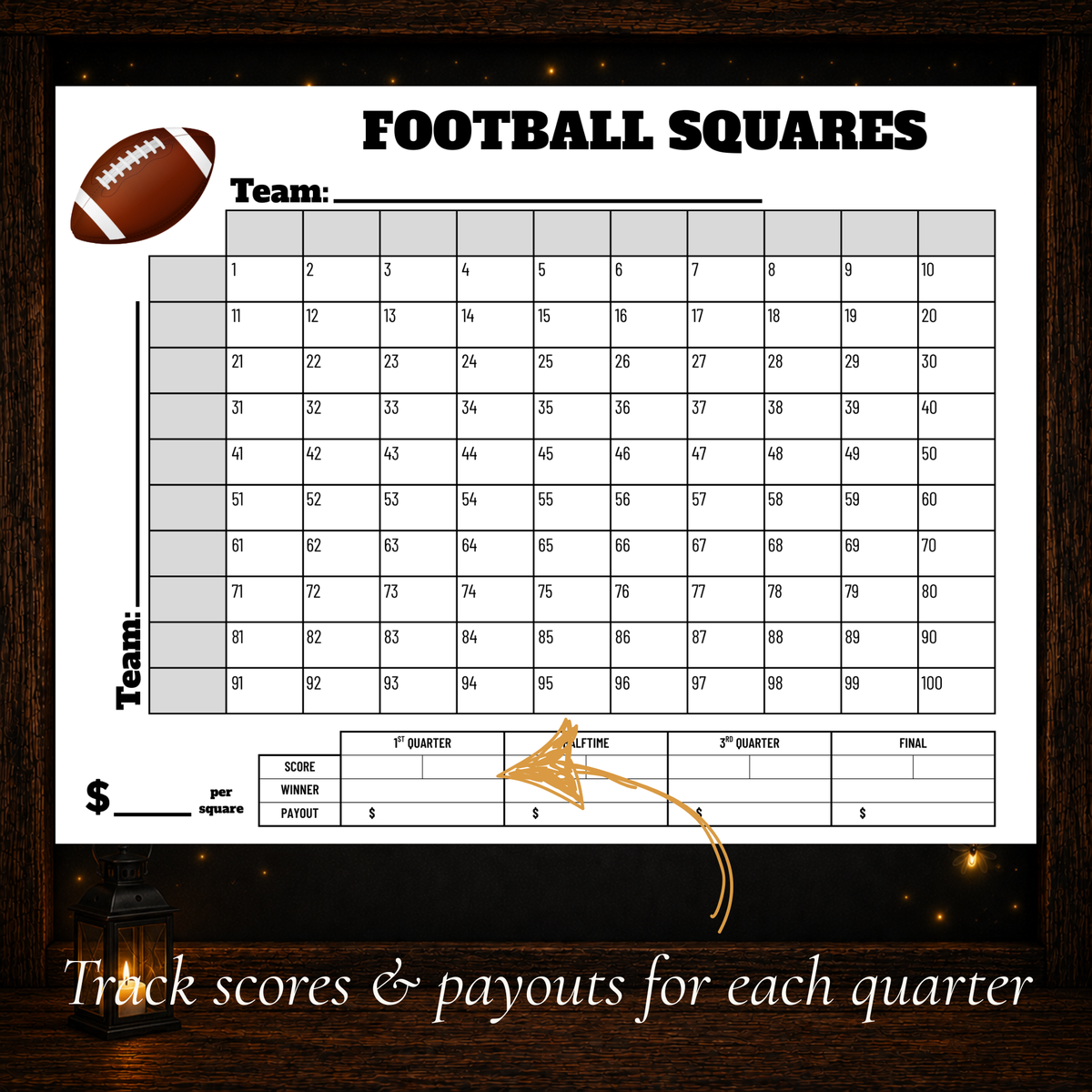 Printable 100 square football pool grid with score, winner, and payout tracking for each quarter