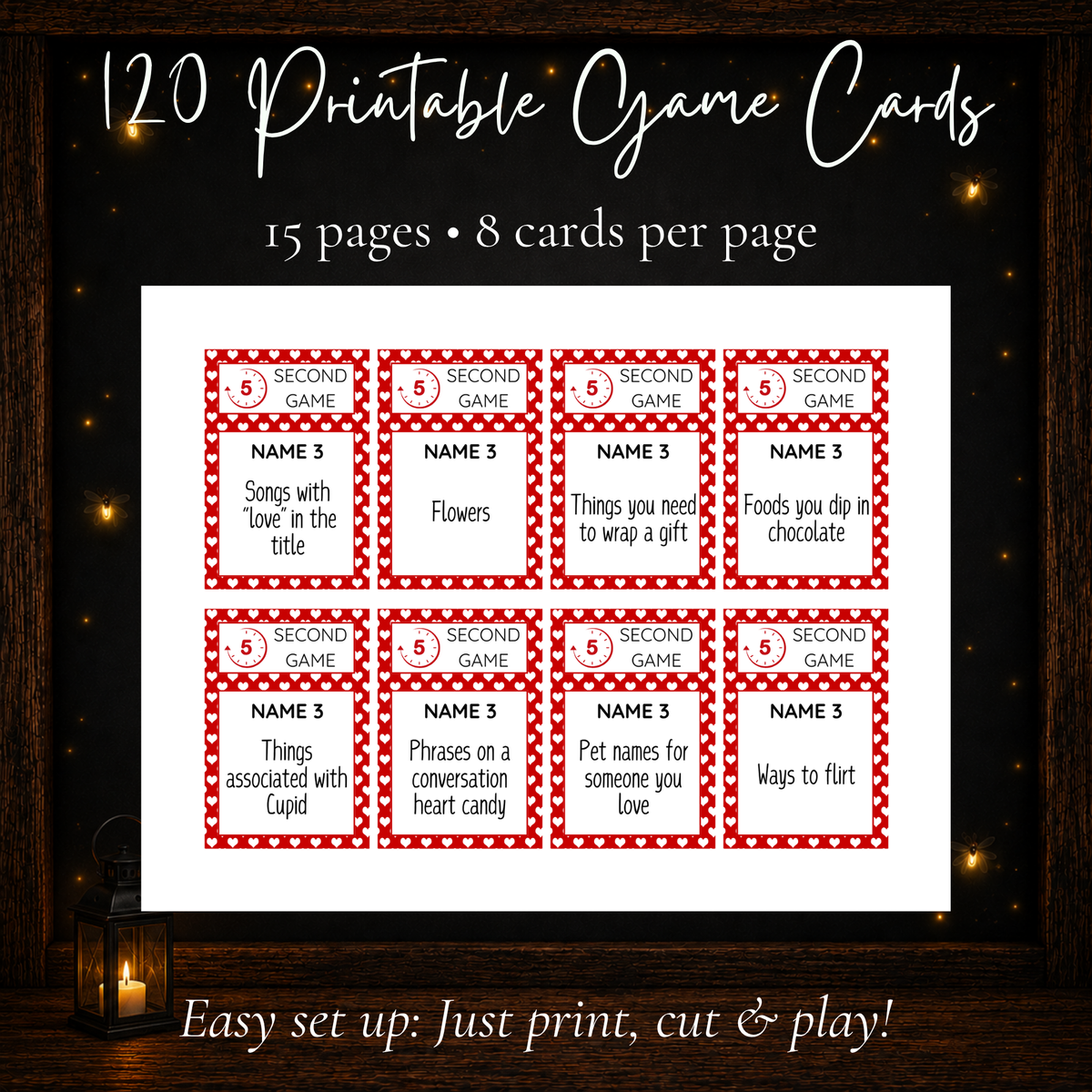 120 printable Valentine 5 Second Game cards with 15 pages and 8 love-themed challenge cards per page