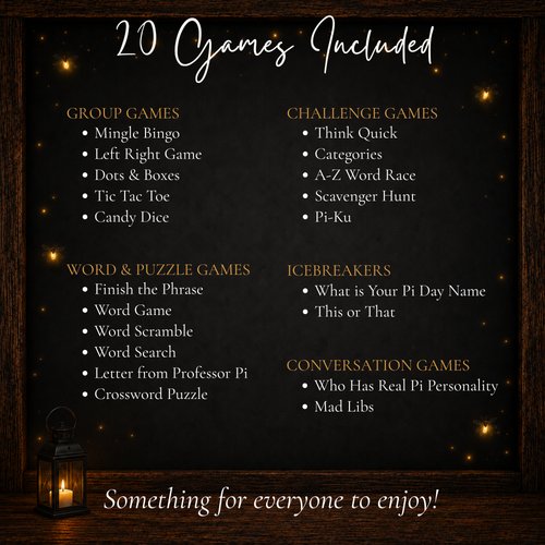 20 Pi Day games included with group games, challenge games, word puzzles, icebreakers and conversation games