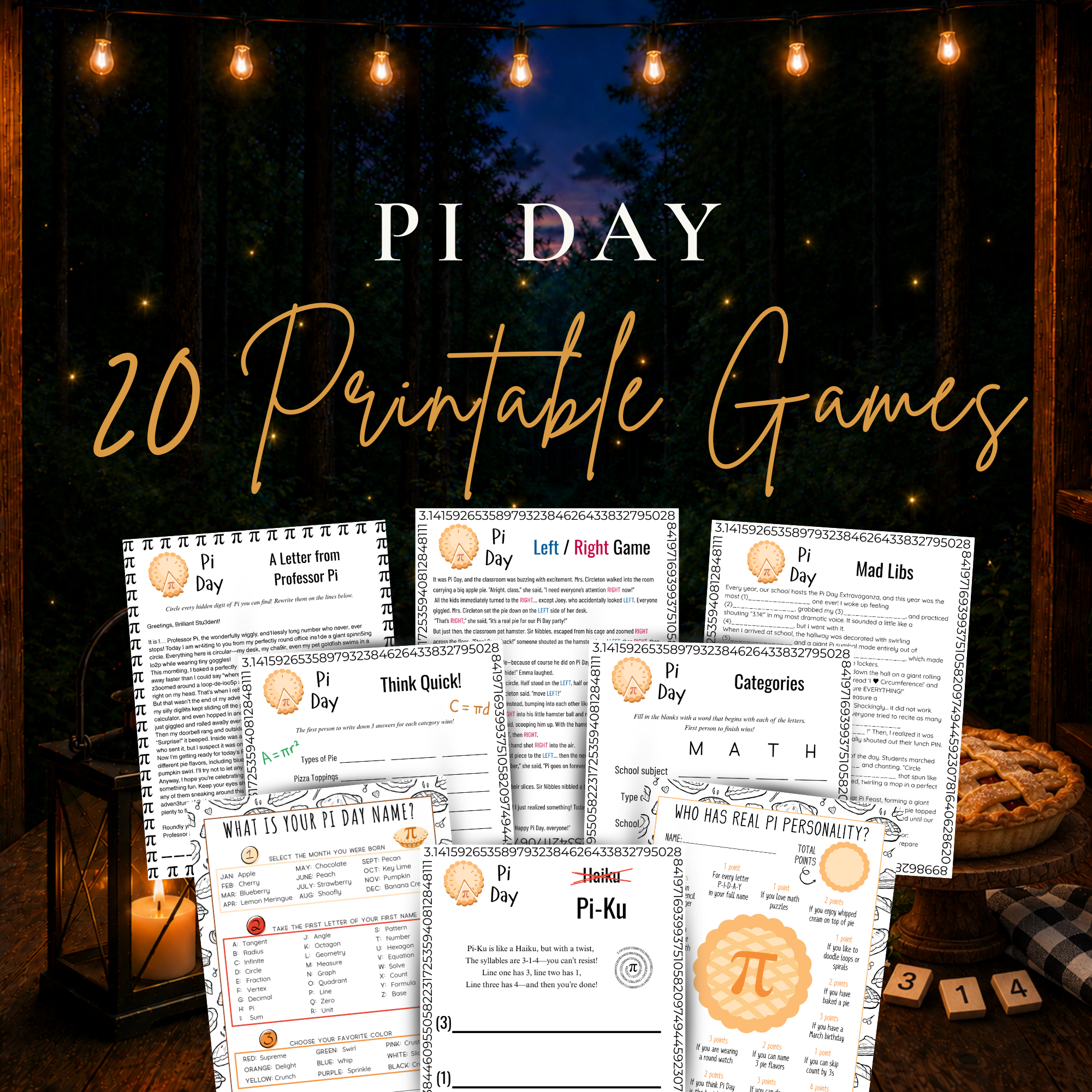 20 Pi Day printable games bundle with classroom games, puzzles, challenges, icebreakers and activities