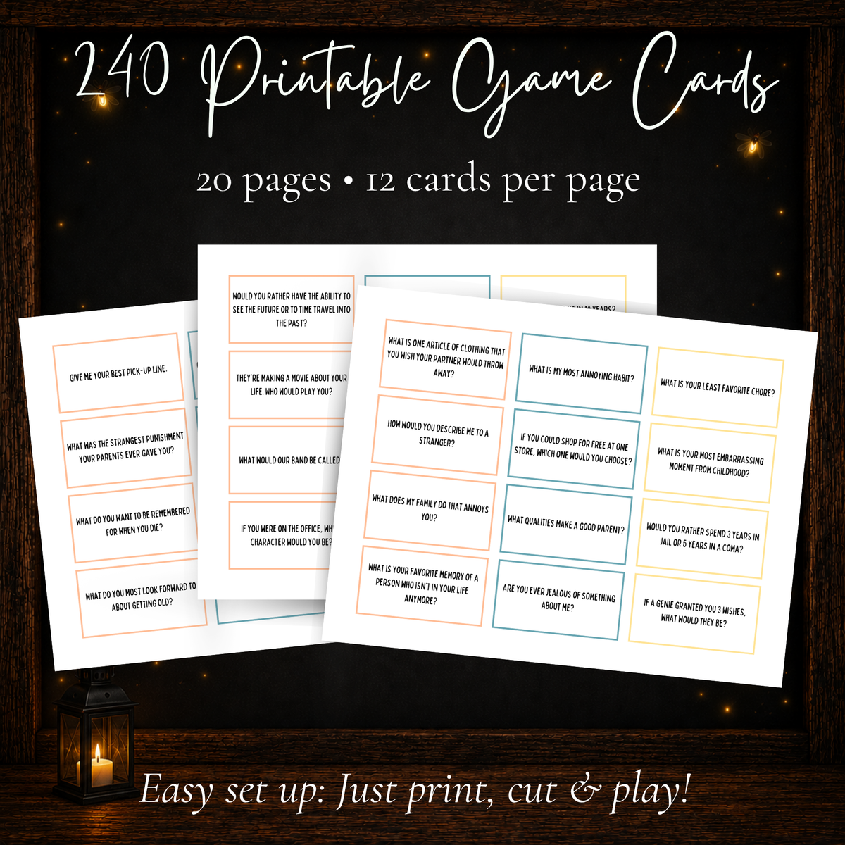 240 printable conversation cards for couples with 20 pages and 12 cards per page
