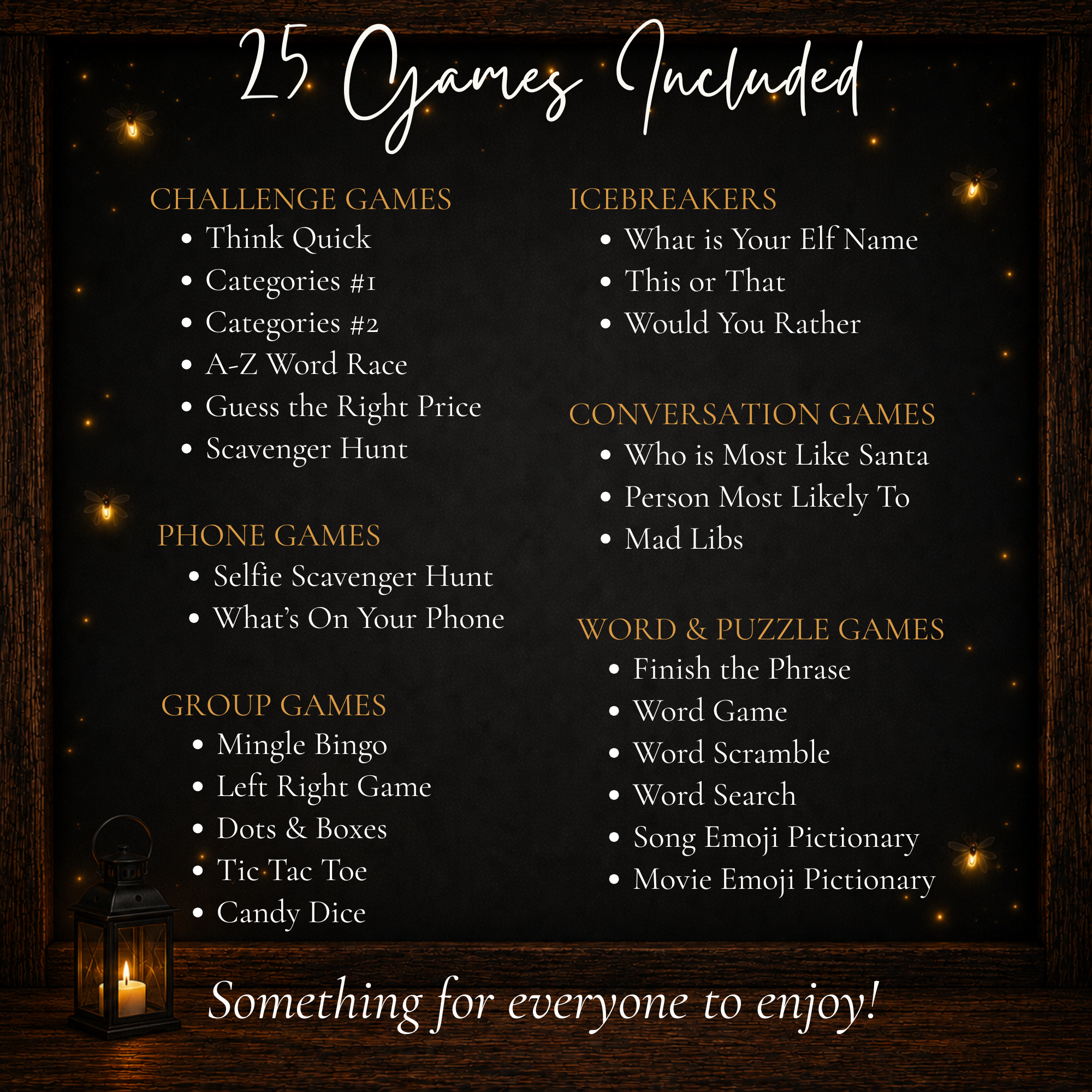 25 Christmas games included with challenge games, icebreakers, group games, conversation games, phone games and word puzzles