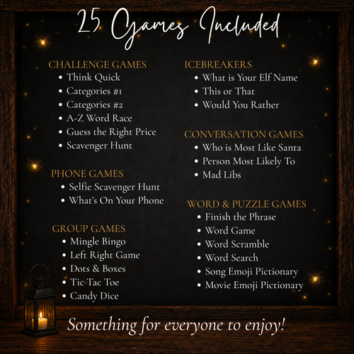 25 Christmas games included with challenge games, icebreakers, group games, conversation games, phone games and word puzzles