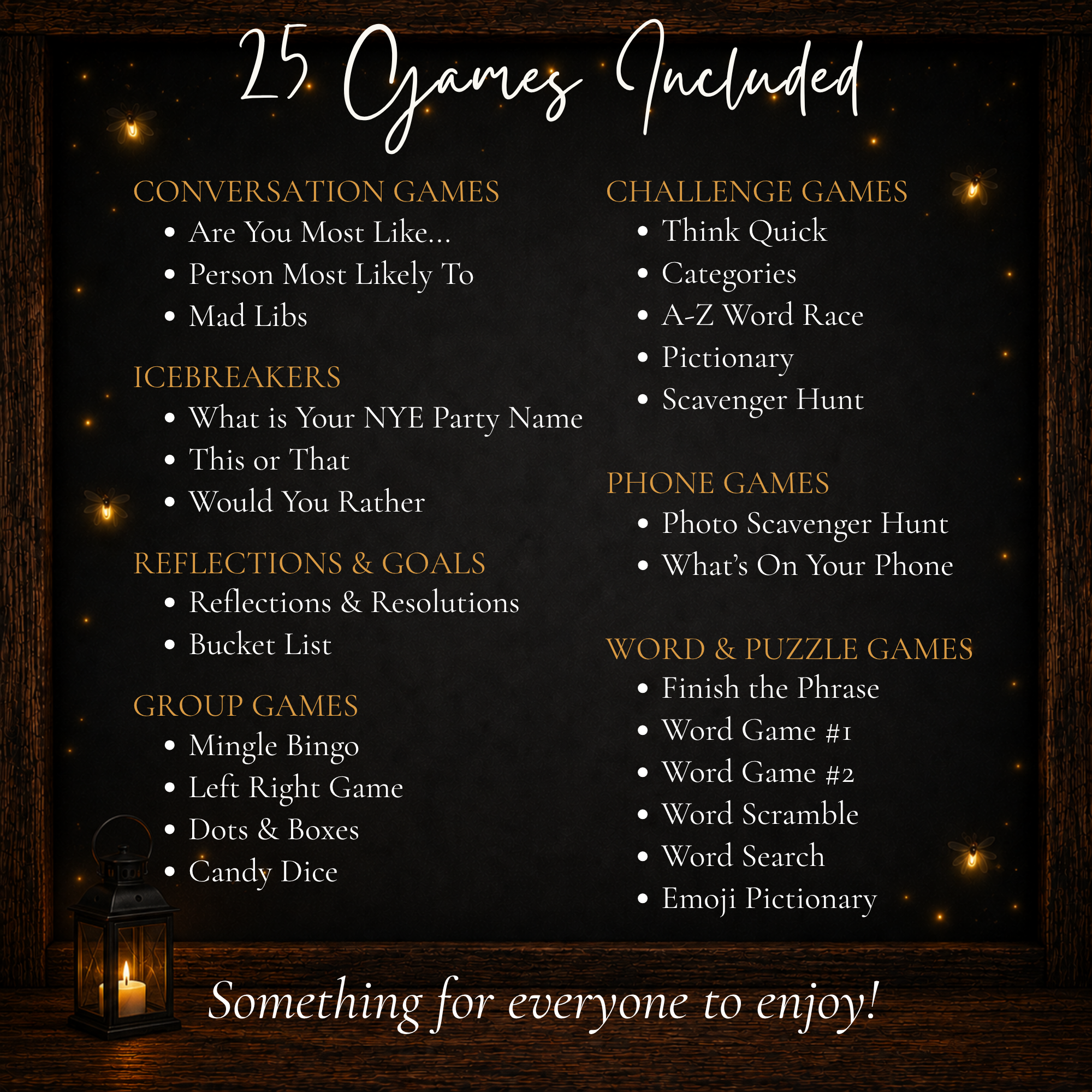 List of 25 New Year’s printable games including conversation games icebreakers group games challenges phone games and puzzles