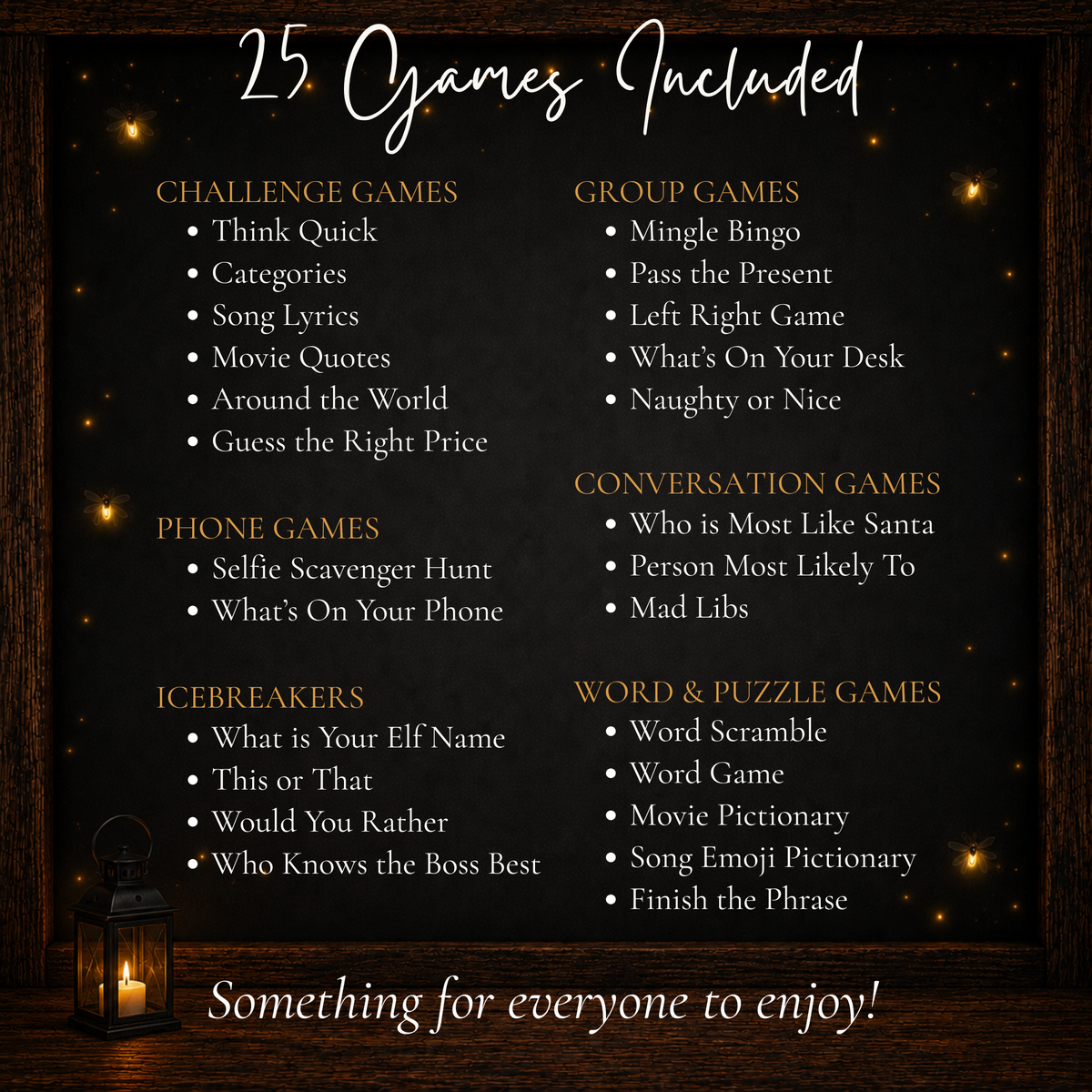 List of 25 printable Christmas office party games including group games, icebreakers, challenges and puzzles