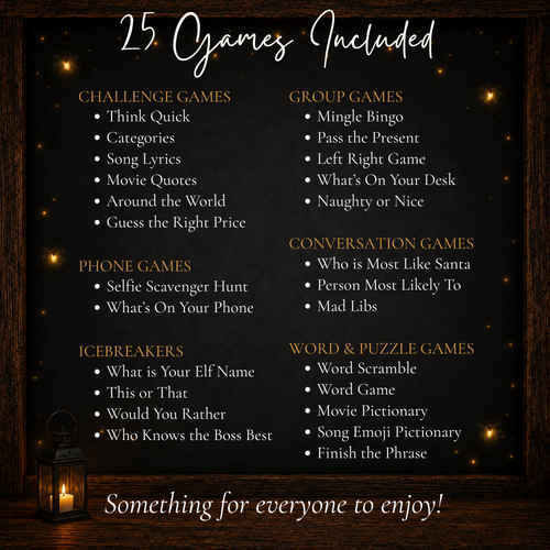 List of 25 printable Christmas office party games including group games, icebreakers, challenges and puzzles
