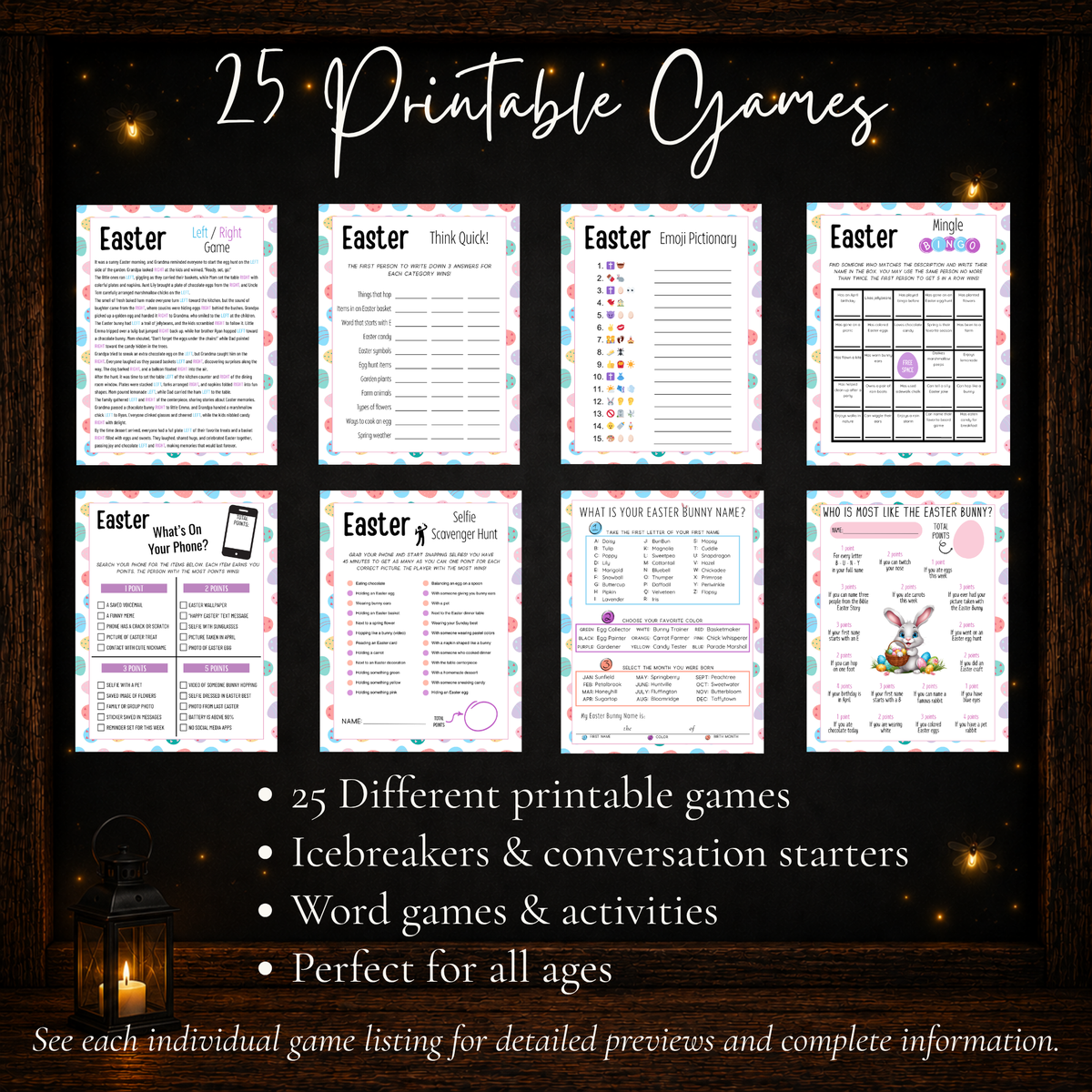25 printable Easter games featuring icebreakers, conversation starters, word games, challenges and group activities