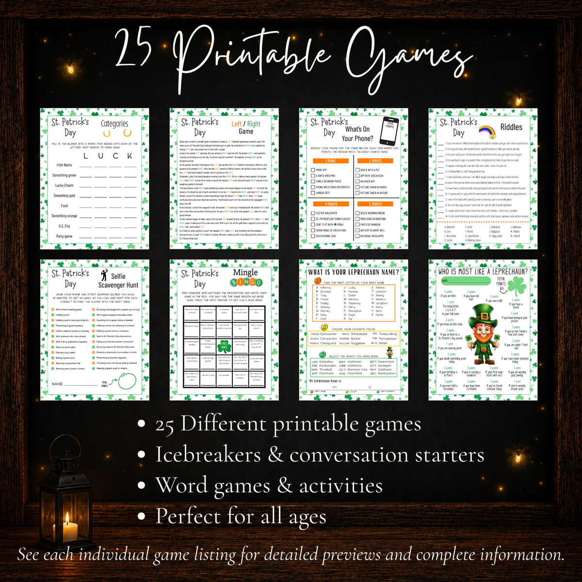 25 printable St. Patrick's Day games featuring icebreakers, conversation starters, word games and group activities