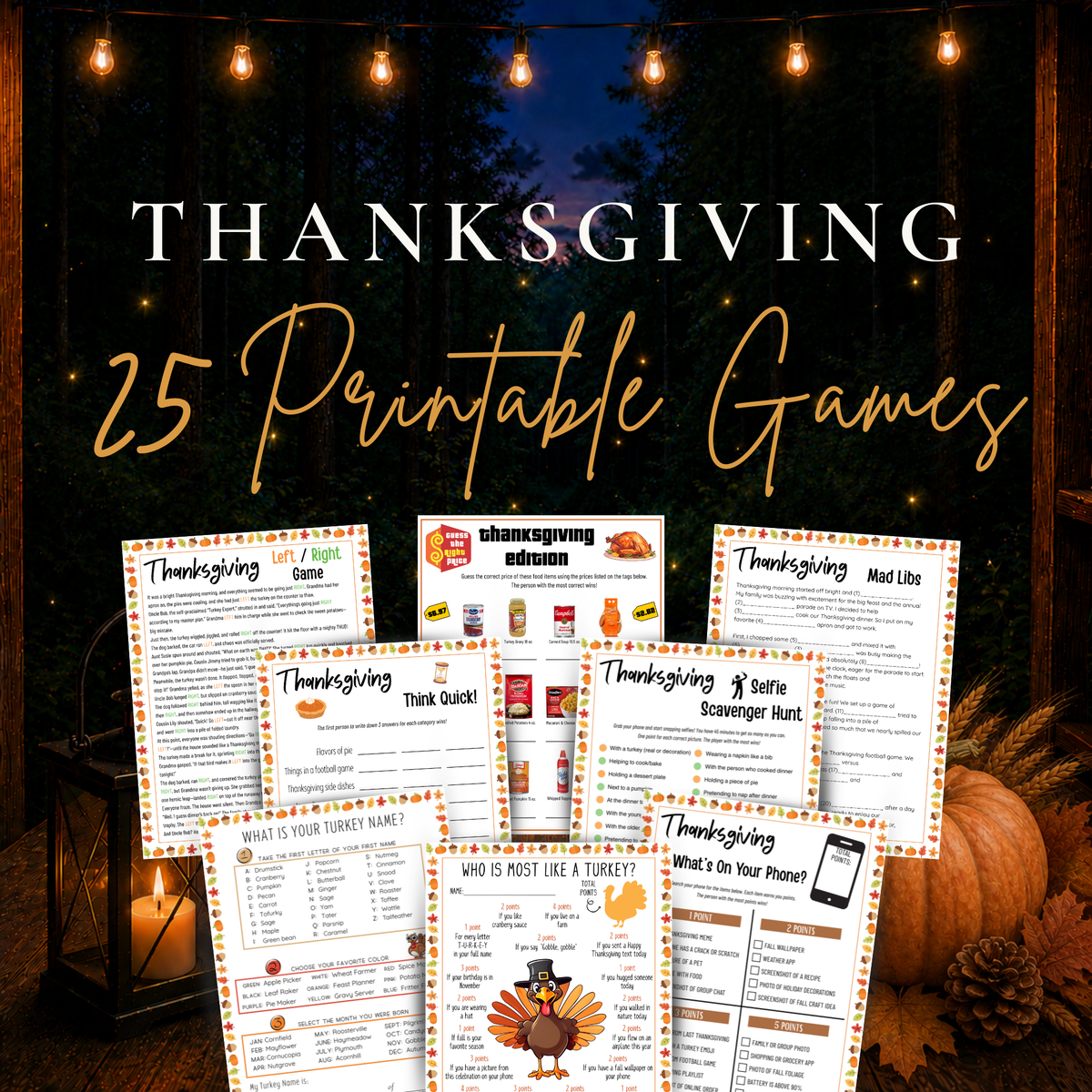 25 printable Thanksgiving games bundle with family party games for Thanksgiving dinner and Friendsgiving