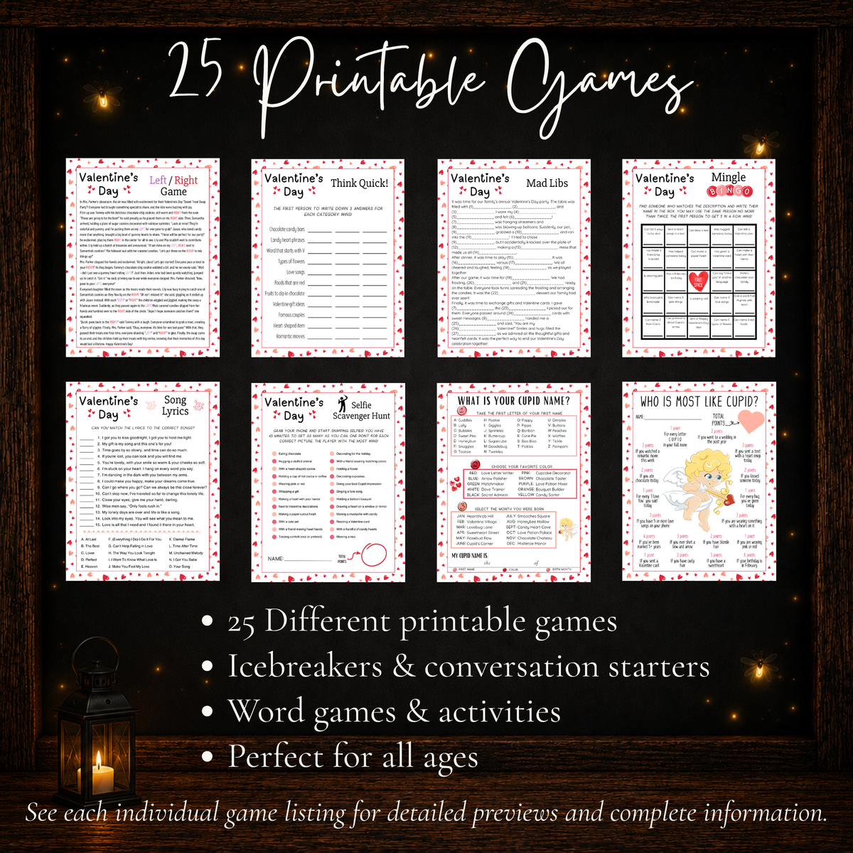 25 printable Valentine’s Day games including icebreakers, word games, conversation starters and group activities