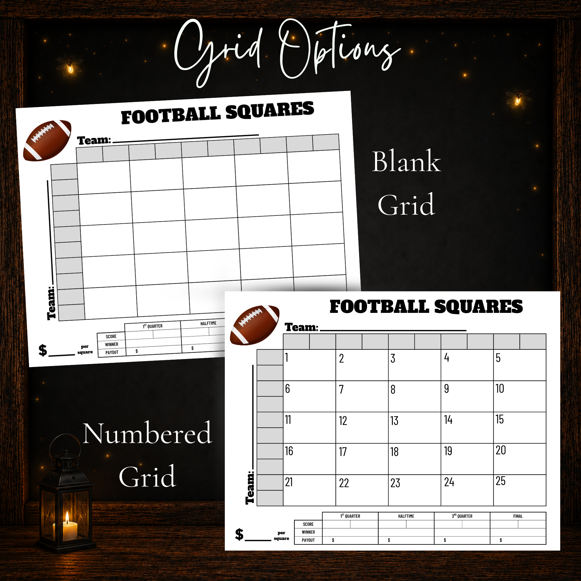 Blank and numbered 25 square football pool printable grid options for game day