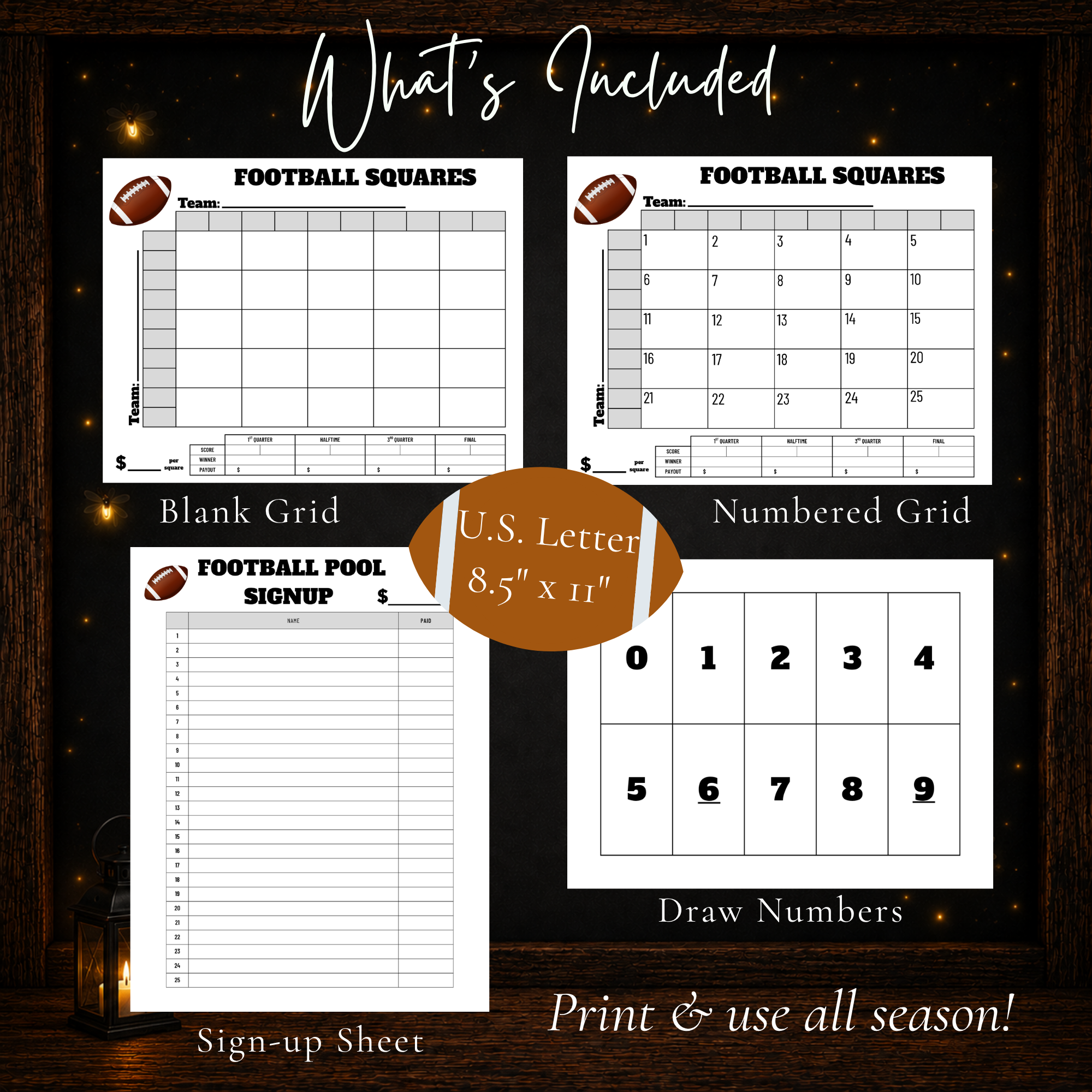 25 square football pool printable set with blank grid, numbered grid, sign-up sheet, and draw numbers