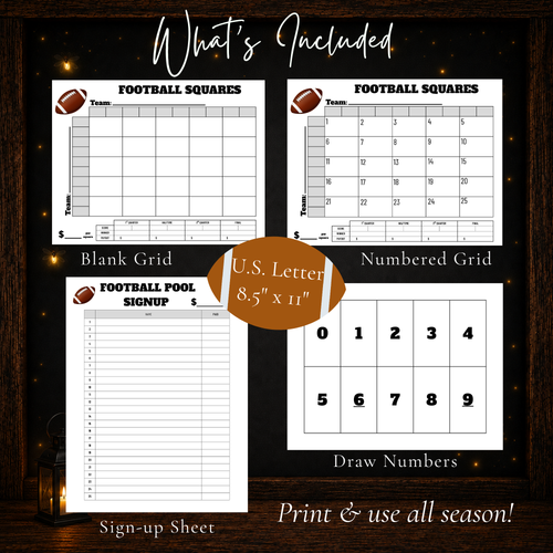 25 square football pool printable set with blank grid, numbered grid, sign-up sheet, and draw numbers