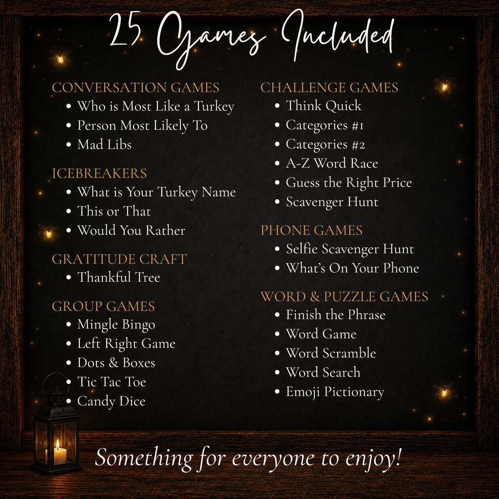 25 Thanksgiving games including icebreakers group games word games challenges scavenger hunts and phone games