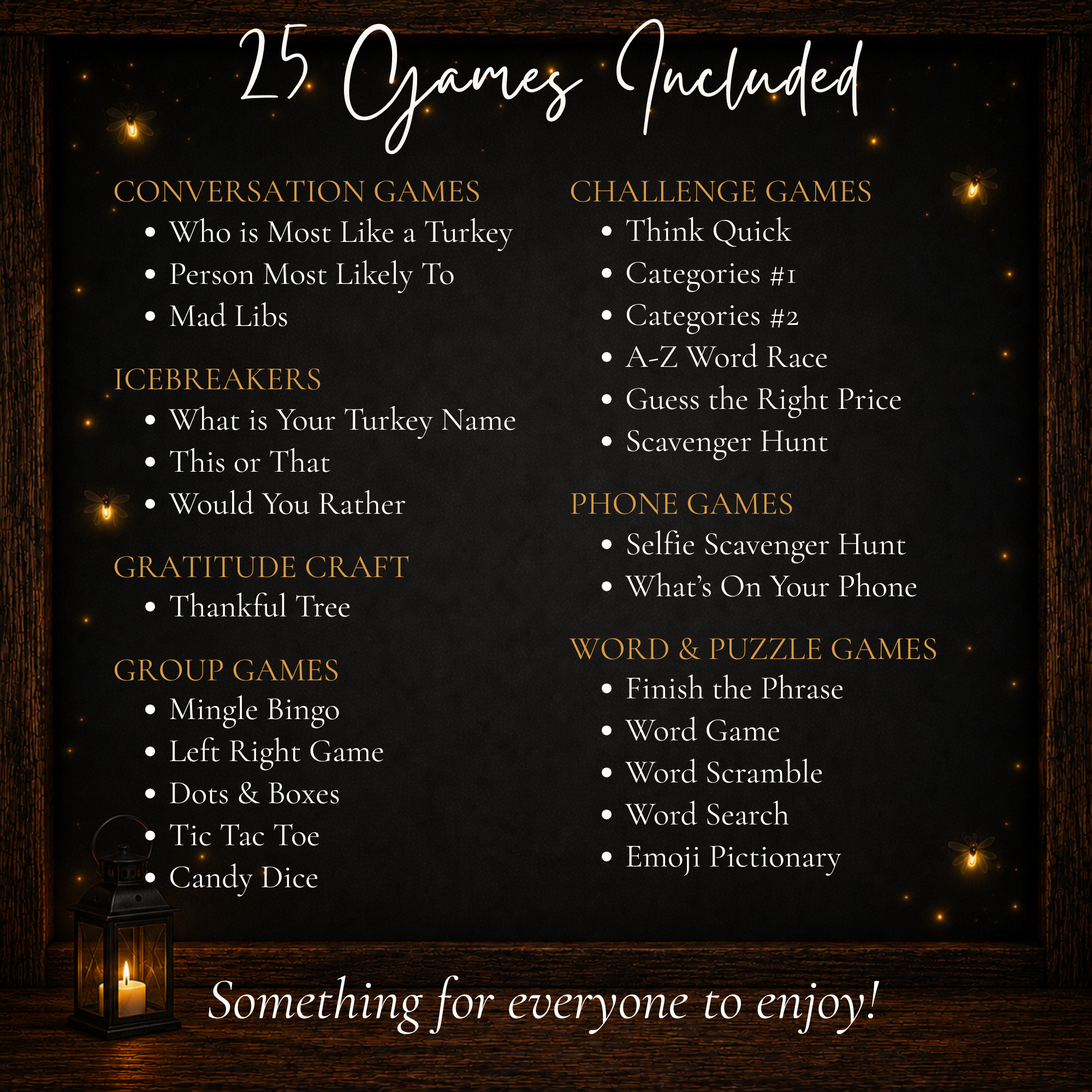 25 Thanksgiving games including icebreakers group games word games challenges scavenger hunts and phone games