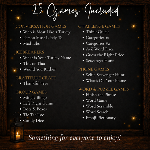 25 Thanksgiving games including icebreakers group games word games challenges scavenger hunts and phone games