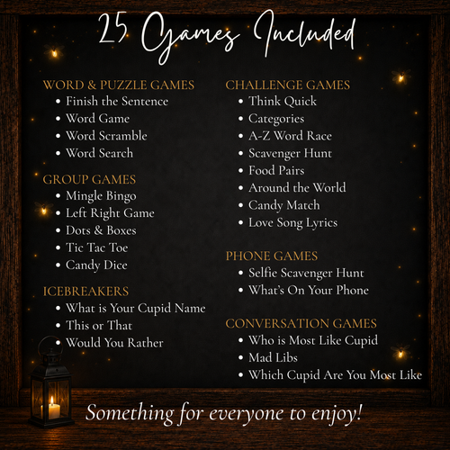 List of 25 printable Valentine’s Day games including word games, group games, challenges, icebreakers and conversation games