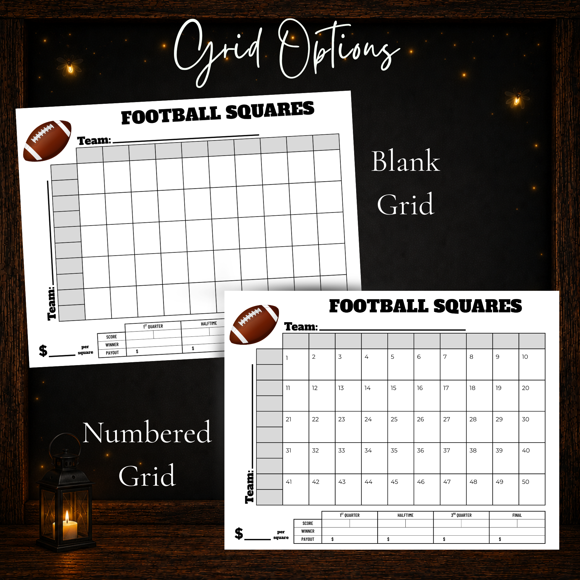 Blank and numbered 50 square football pool printable grid options for game day
