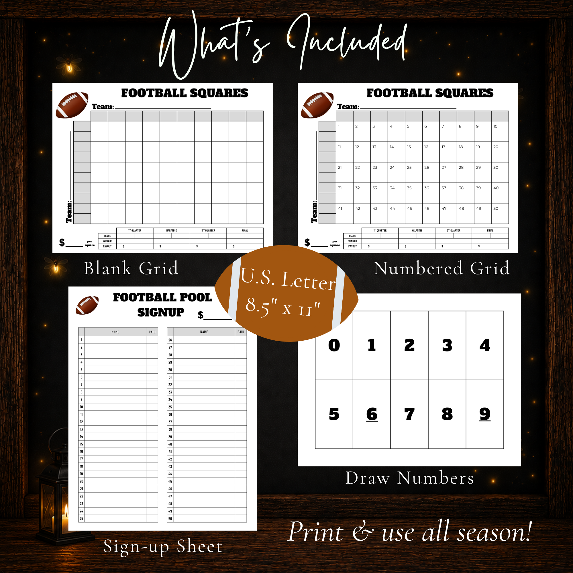 50 square football pool printable set with blank grid, numbered grid, sign-up sheet, and draw numbers