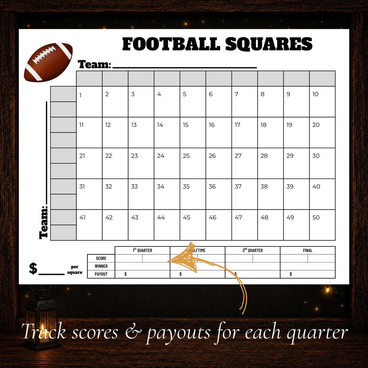 Printable 50 square football pool grid with score, winner, and payout tracking for each quarter