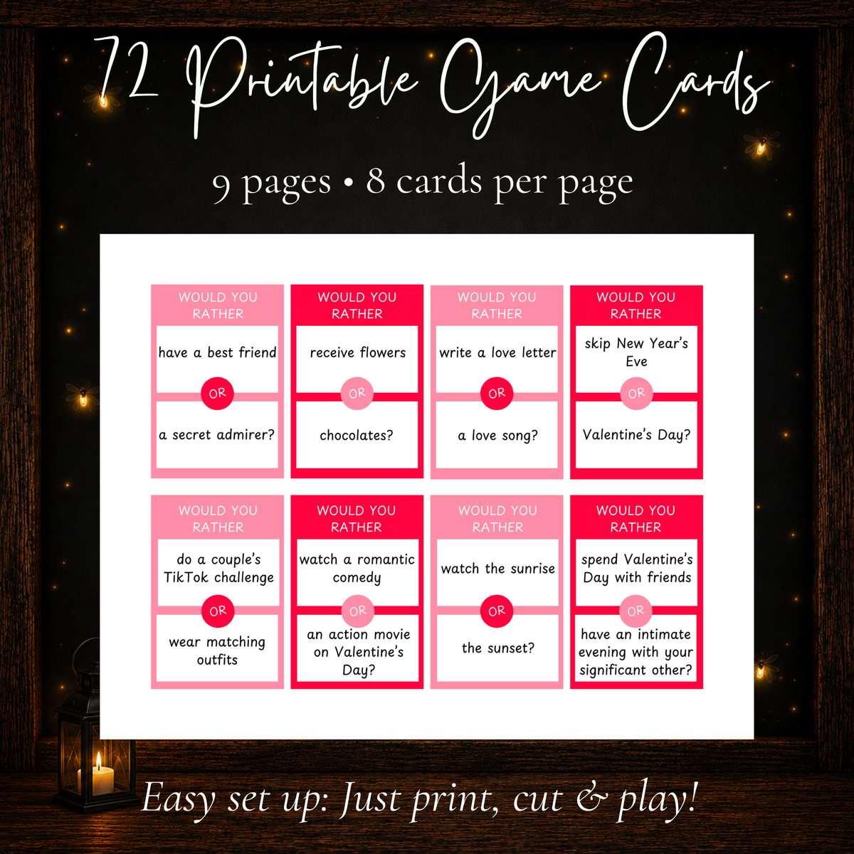 72 printable Valentine Would You Rather game cards with 9 pages and 8 cards per page