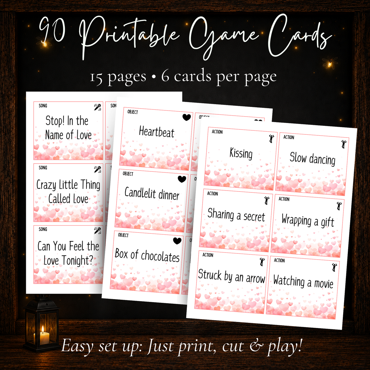 90 printable Valentine Charades game cards with 15 pages and 6 love-themed charades cards per page