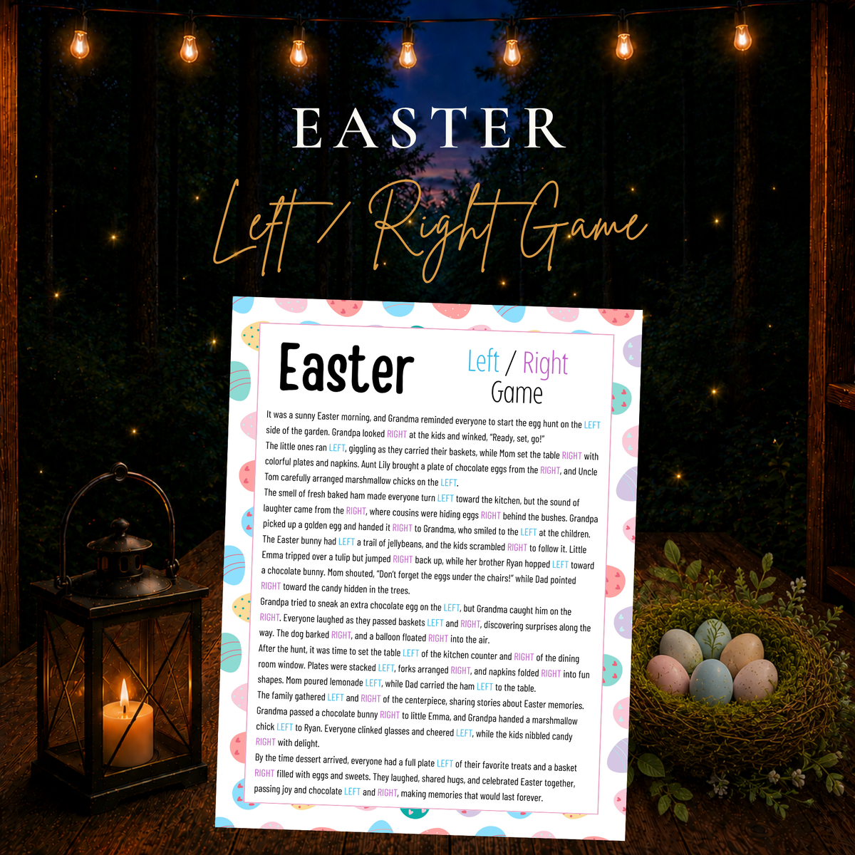 Easter Left Right Game printable featuring a festive gift-passing story with colorful LEFT and RIGHT words and an Easter egg border.