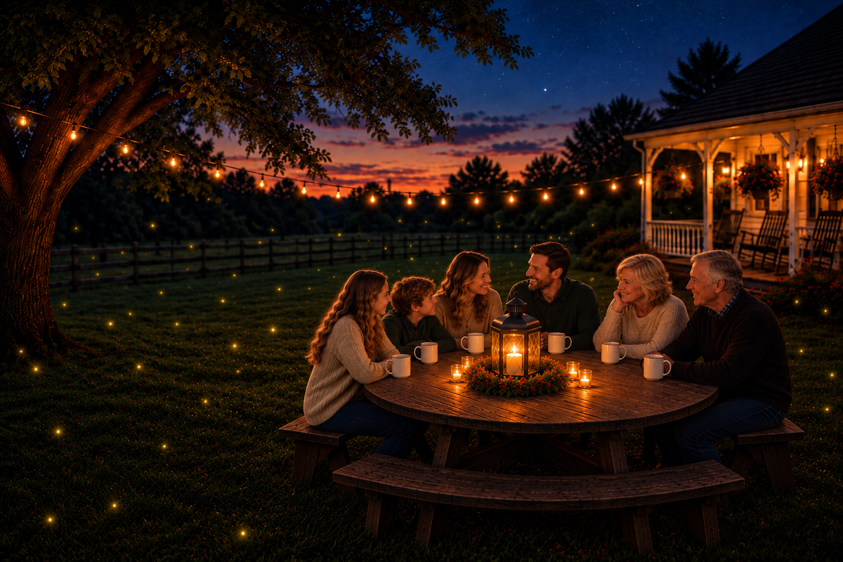 Family gathering outdoors at dusk under string lights and fireflies