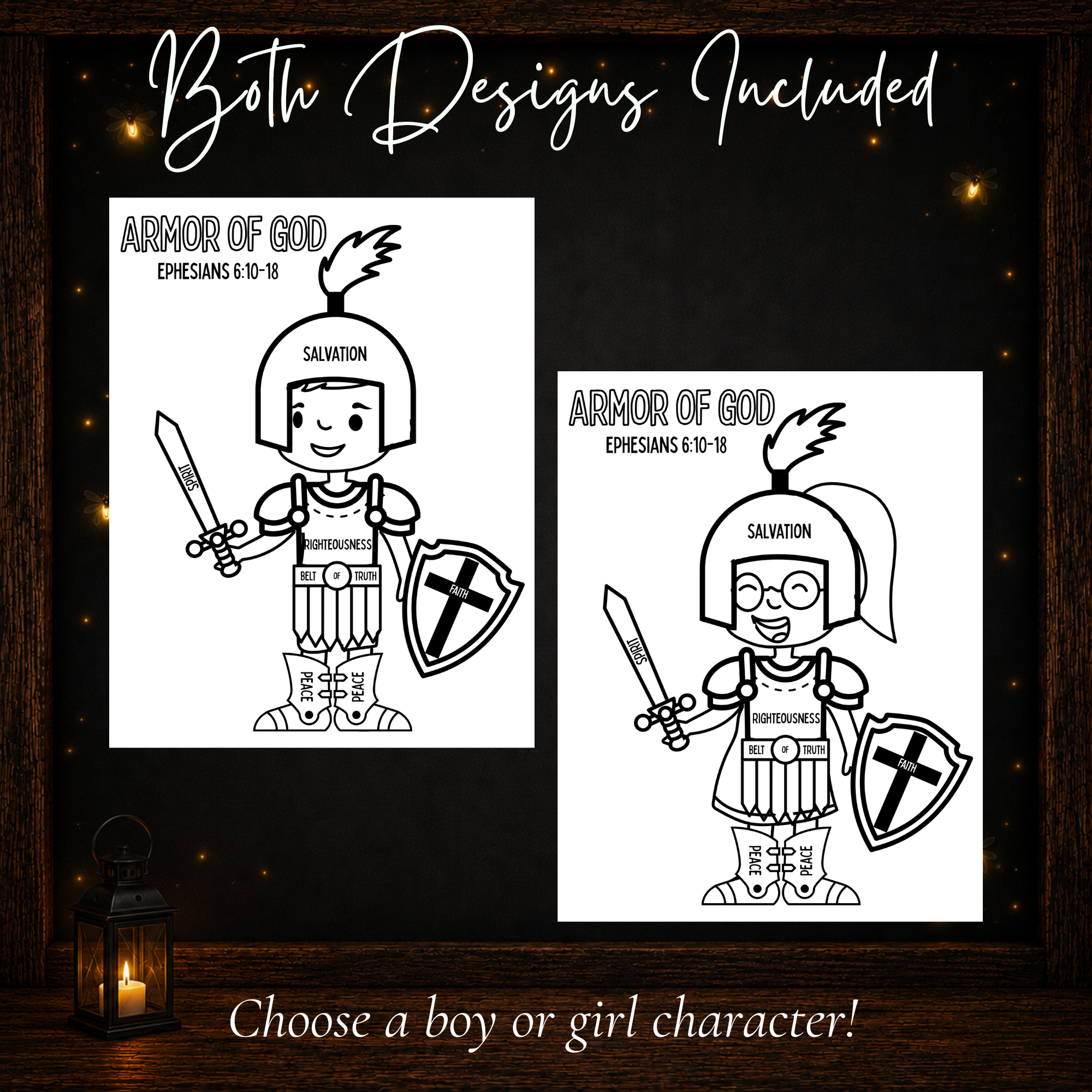 Armor of God printable craft with both boy and girl character designs included for kids
