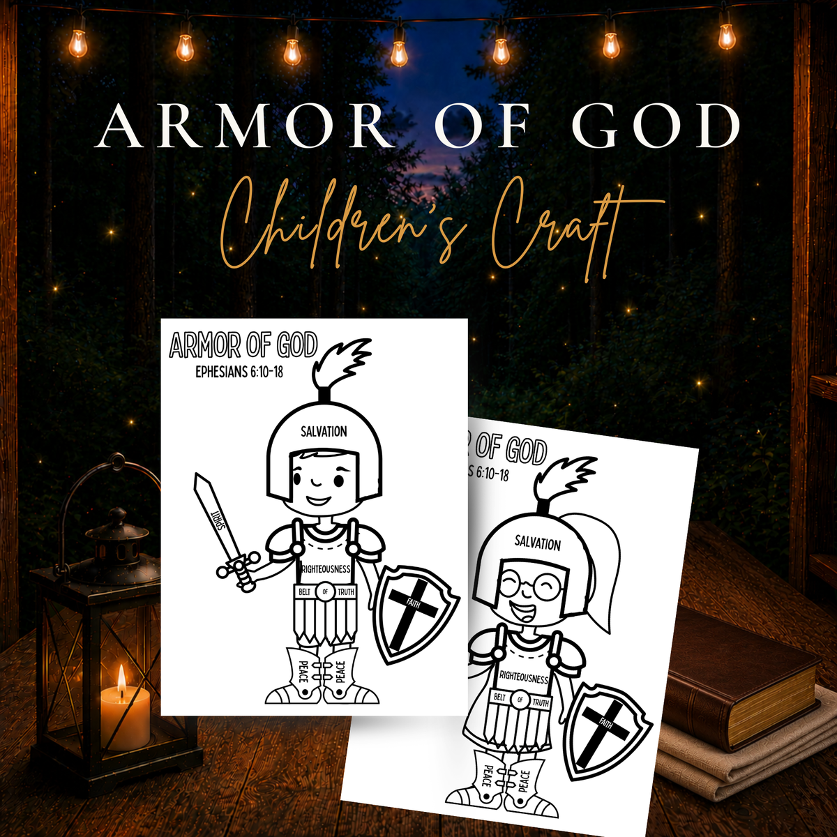 Printable Armor of God craft for kids with completed boy and girl characters based on Ephesians 6:10–18
