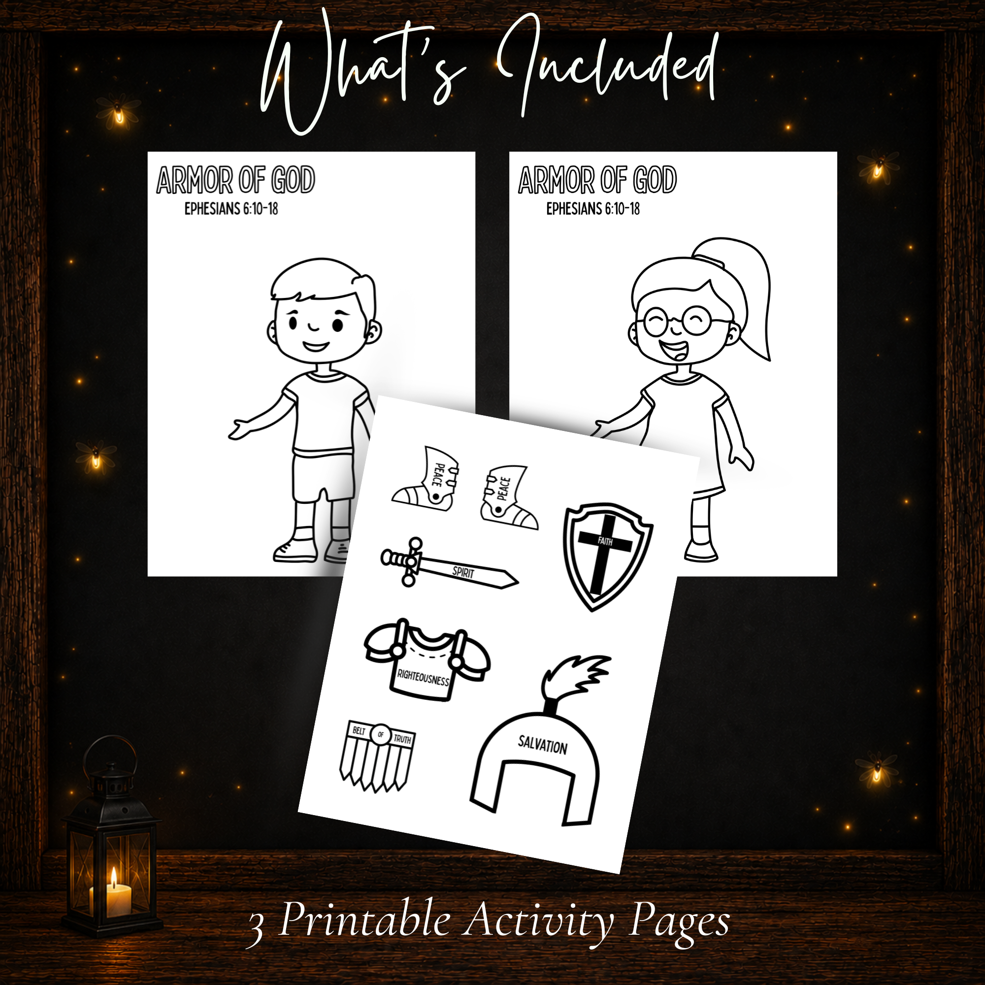 Armor of God printable Bible craft with three activity pages including boy, girl, and cut-out armor pieces