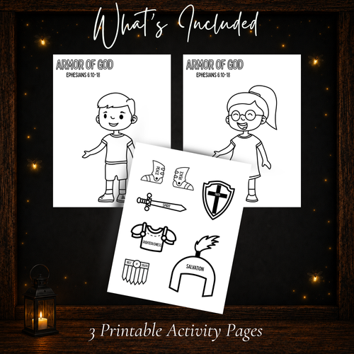 Armor of God printable Bible craft with three activity pages including boy, girl, and cut-out armor pieces