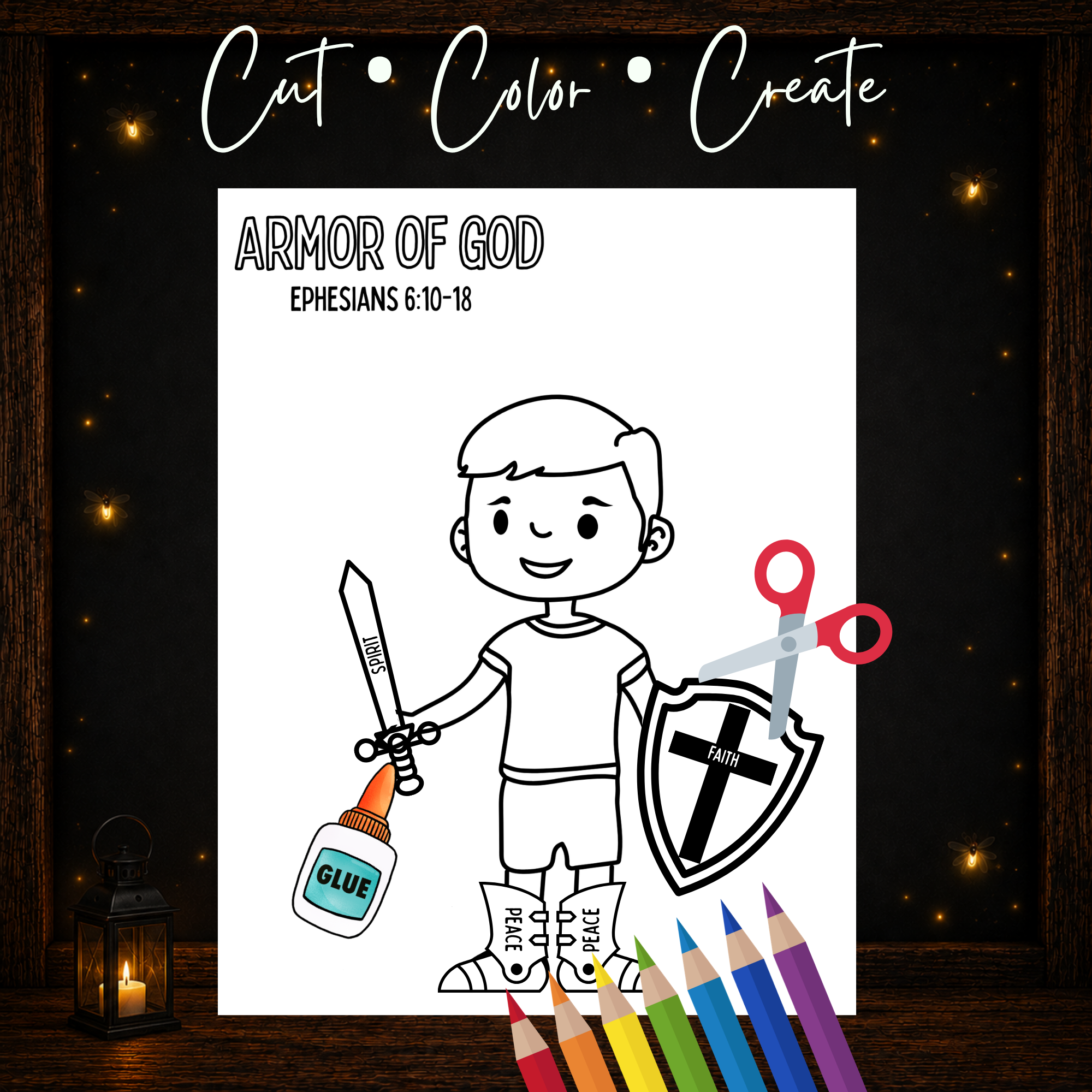 Armor of God cut color and create Bible activity for kids with printable character and armor pieces