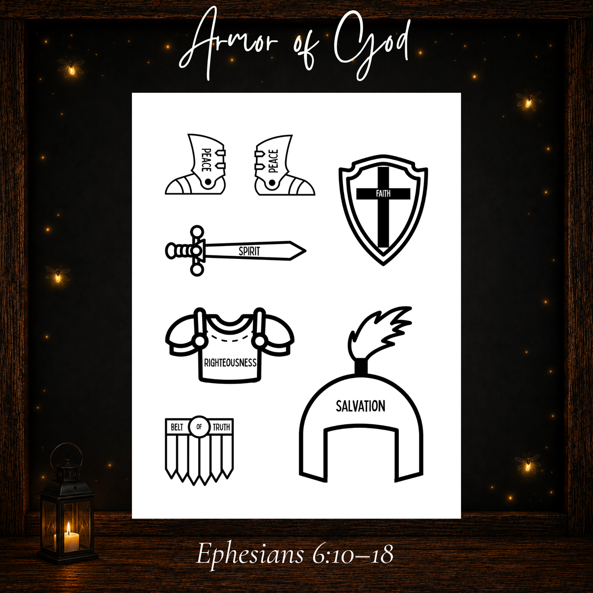 Printable Armor of God pieces including helmet of salvation, shield of faith, sword, belt, breastplate, and shoes