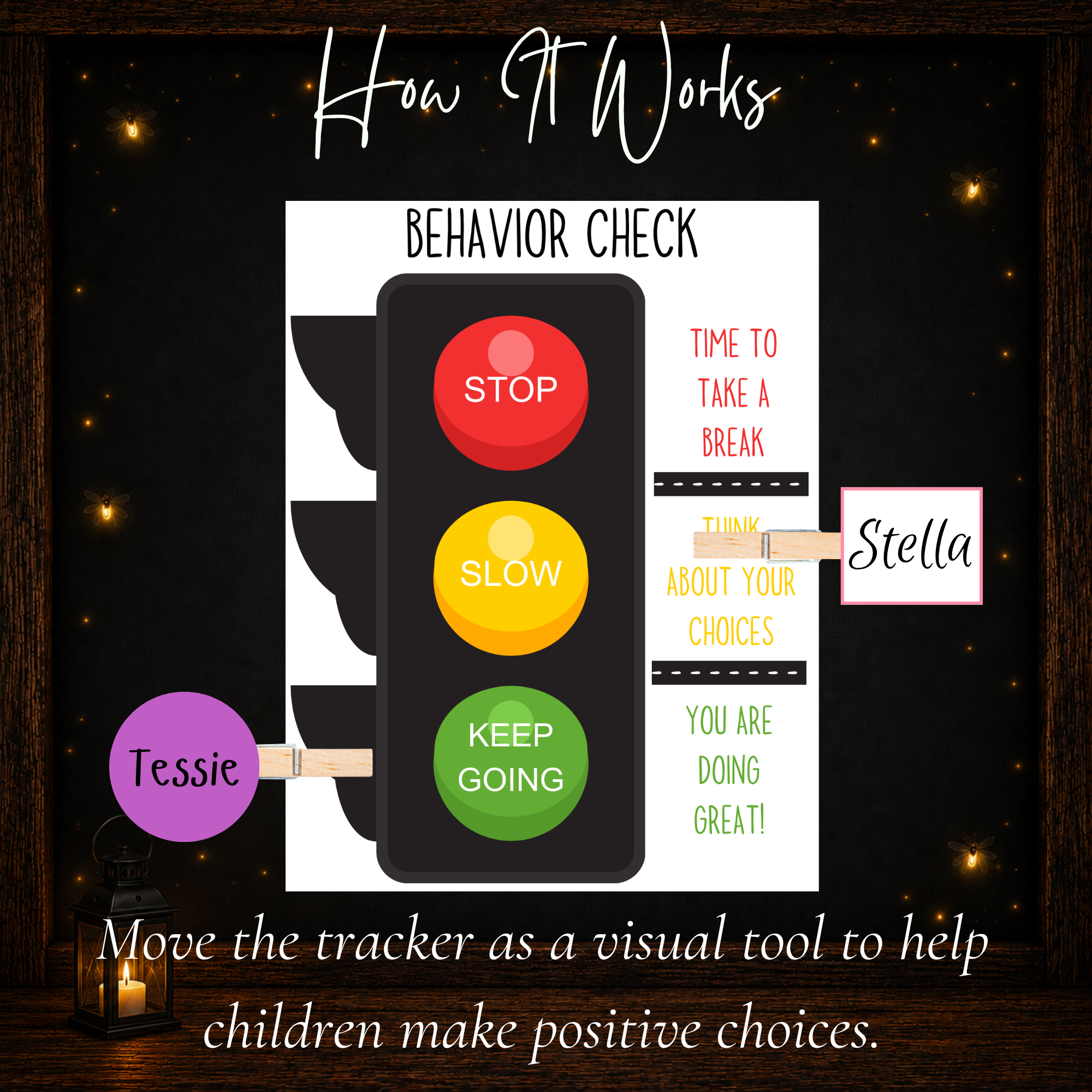 Printable behavior chart for kids showing movable personalized trackers for positive choices