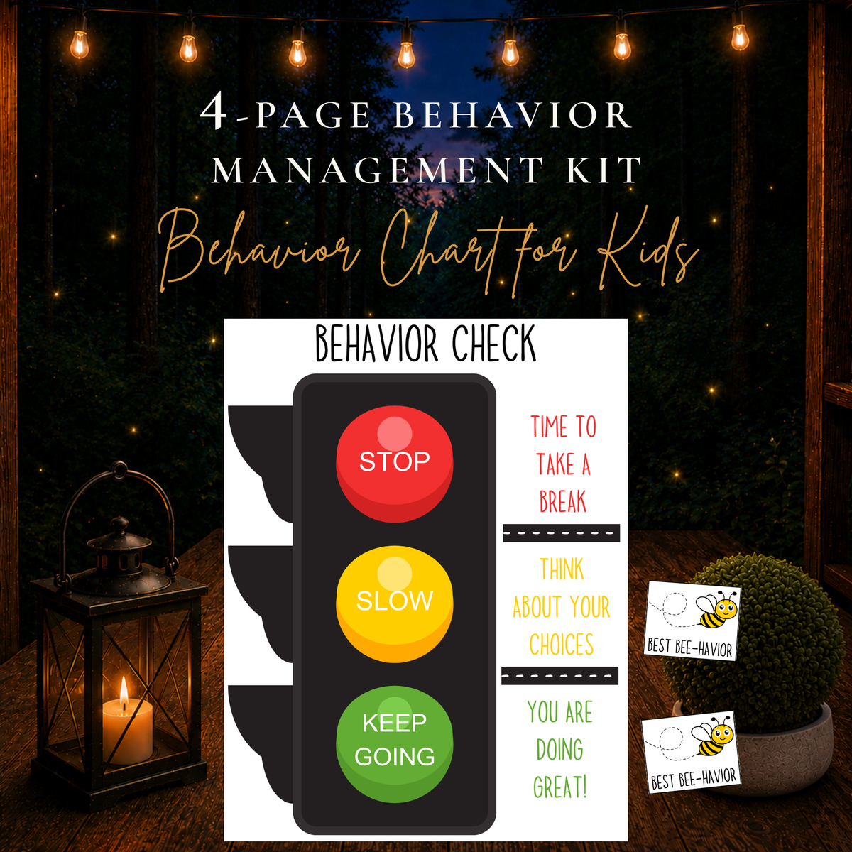 Printable behavior chart for kids 4-page behavior management kit with traffic light chart and Best Bee-havior cards
