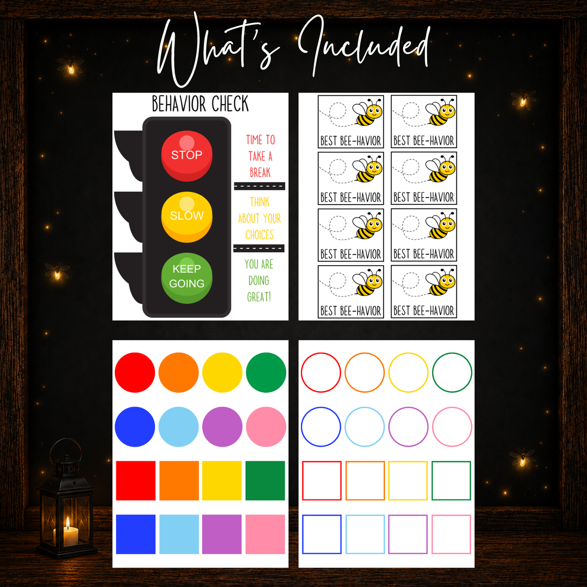 4-page printable behavior management kit with behavior chart, colorful trackers, outlined trackers, and reward cards