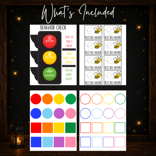 4-page printable behavior management kit with behavior chart, colorful trackers, outlined trackers, and reward cards