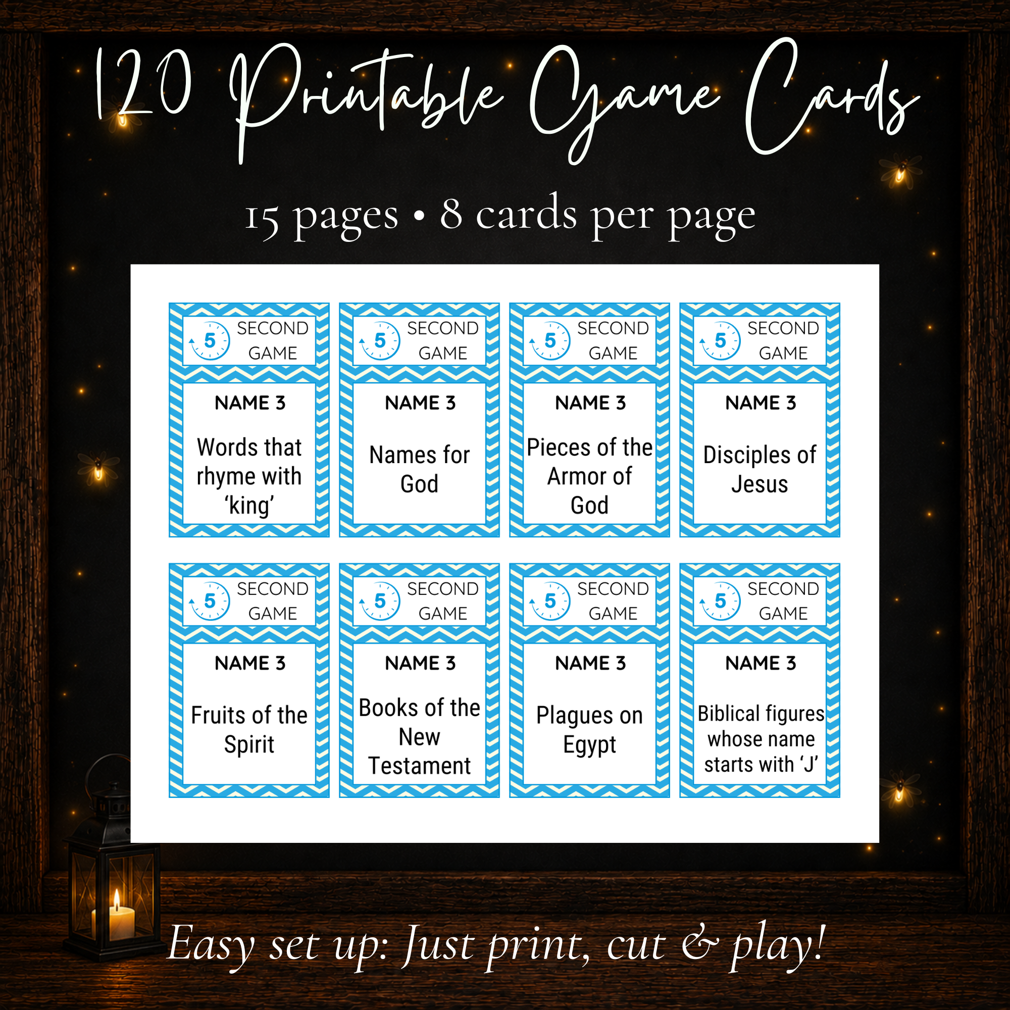 120 printable Bible 5 Second Game cards with Name 3 Bible prompts