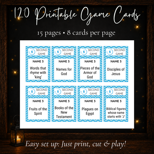 120 printable Bible 5 Second Game cards with Name 3 Bible prompts