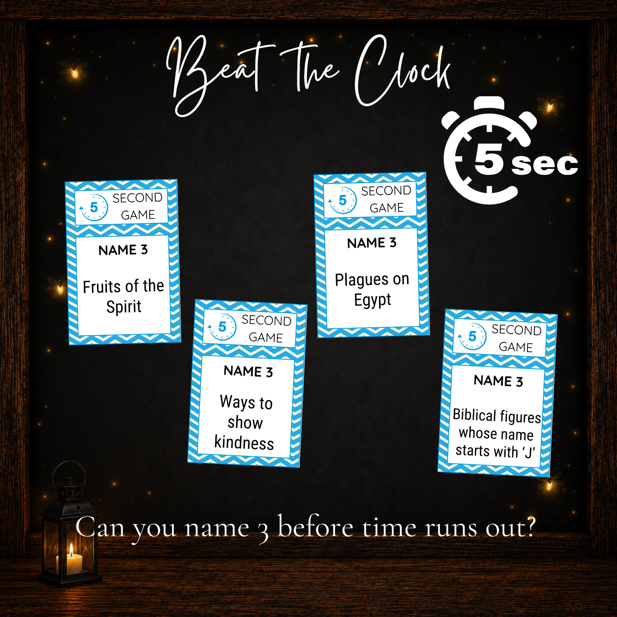 Bible 5 Second Game cards with fast-paced Bible challenges to complete before time runs out